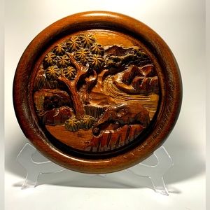 Wooden Carving Round Tree River Detailed  9 In Diameter